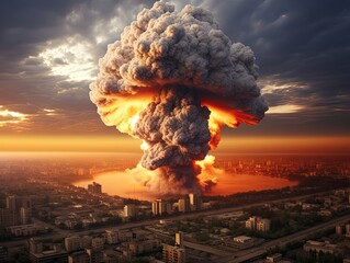 A mushroom cloud rising into the sky after a nuclear explosion above a modern city.