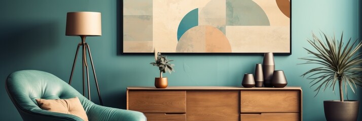 Stylish living room interior with armchair, coffee table and poster on turquoise wall