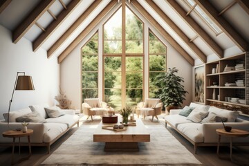 Interior of modern attic living room with wooden walls, wooden floor, comfortable sofa and coffee table. 