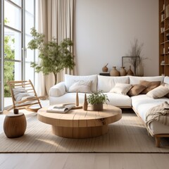 Living room interior with sofa, coffee table and plants. interior design architecture