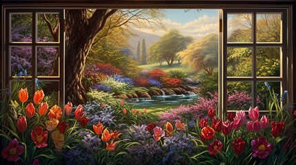 a painting of a window with a view of a garden.  generative ai