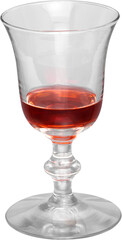 An isolated empty glass of red wine with transparency
