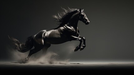Fast galloping black and white horse casting shadow while art minimalist. silhouette concept - Powered by Adobe