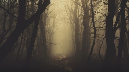 An eerie forest on a misty winter day. silhouette concept