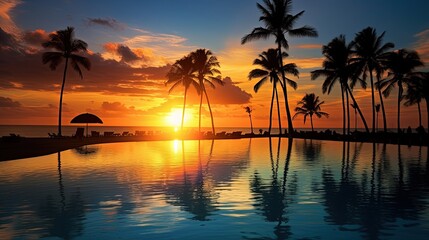 Obraz na płótnie Canvas Tropical beach resort sunset silhouette