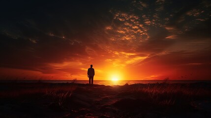 Fototapeta na wymiar Lonely man in sunset s silhouette