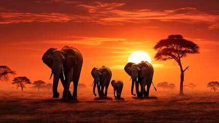  a herd of elephants walking across a dry grass field at sunset.  generative ai