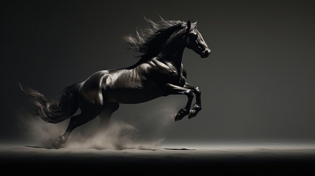 Fast galloping black and white horse casting shadow while art minimalist. silhouette concept © HN Works