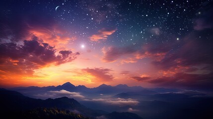 Sunset clouds with fiery hues moon and stars above a mountain outline. silhouette concept
