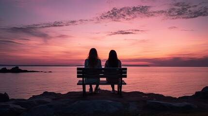 Obraz premium Two faceless girls sit on a bench overlooking calm water a rocky seashore and a pink sky at evening People communicate on the horizon while ships sail at sea. silhouette concept