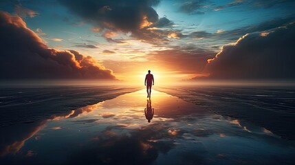 Fototapeta premium A solitary person strolling during dawn. silhouette concept