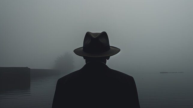 Man in hat in the rain watching fog approach from the sea noir vibes. silhouette concept
