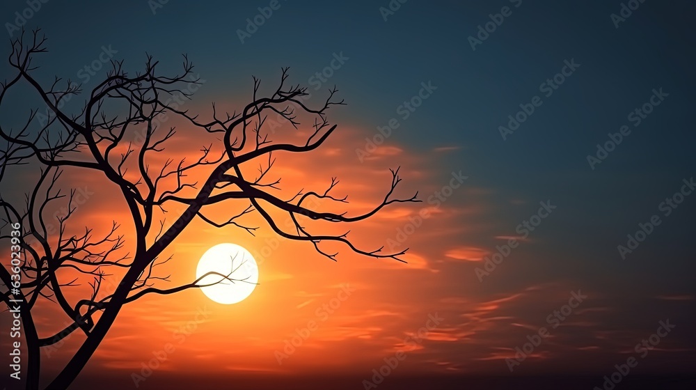 Sticker exotic tree branch at dawn space for inscription. silhouette concept