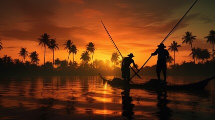 Fototapeta premium Fishers outlines at sunrise in the tropics. silhouette concept