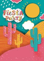 Bright cactus under sun for fiesta party invitation or greeting card in blue pink yellow orange color. Festive mexican festival celebration banner or poster with copy space
- 636023902