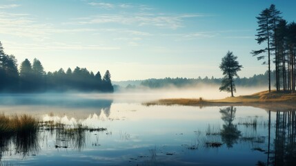 Scenic morning scenery with misty lake serene river and foggy backdrop in a gorgeous park surrounded by old bog and forested outlands with a reflective pond. silhouette concept