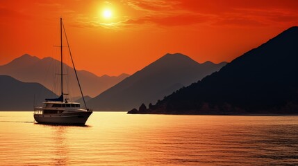 On a warm summer day a pleasure yacht sails against the backdrop of Gelendzhik s mountainous resort city on the Black Sea coast showcasing a vibrant orange seasca. silhouette concept