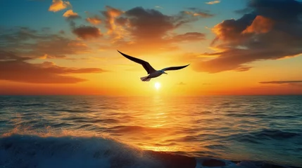 Zelfklevend Fotobehang Gorgeous sea sunset with bird silhouette flying © HN Works