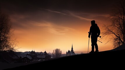 Skier s outline in urban winter park. silhouette concept