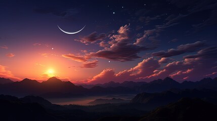 Sunset clouds with fiery hues moon and stars above a mountain outline. silhouette concept