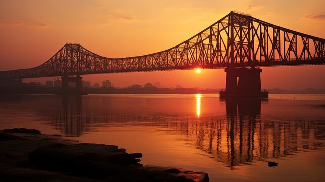 Sunrise silhouette of Howrah Bridge a suspended span over the Hooghly River in West Bengal