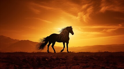 Fototapeta na wymiar Sepia toned silhouette of Arabian horse grazing beneath sun