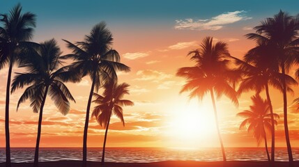 Fototapeta na wymiar Sunlit palm trees in Miami s South Beach at dawn. silhouette concept