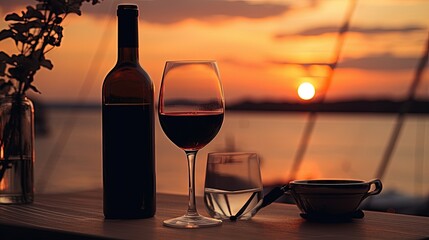 Luxurious evening on a yacht with a winery ambiance featuring wine sunset and ocean view without anyone else present. silhouette concept