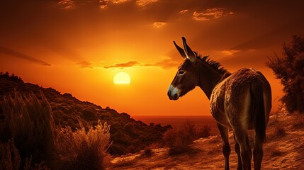 Obraz na płótnie Canvas Donkey observing sunset in Bulgaria and its unique European form. silhouette concept