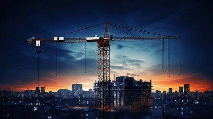Crane with bright lights on an unfinished nighttime construction site. silhouette concept