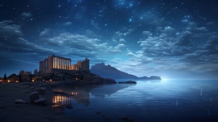 Poseidon s temple under a night sky filled with stars. silhouette concept - obrazy, fototapety, plakaty