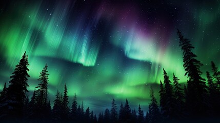 Northern lights shining over trees. silhouette concept