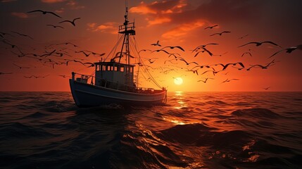 Birds flying over a shrimp fishing boat at sunset in the open sea. silhouette concept
