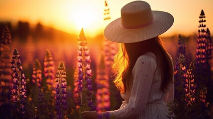 A girl in a light dress and hat walks in a flower field filled with colorful lupines during a sunny summer evening embodying peace and relaxation from everyday tr. silhouette concept