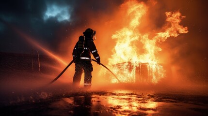 Firefighters using high pressure water to extinguish fires and save lives. silhouette concept