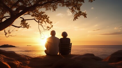 Elderly couple enjoying sunset by the sea. silhouette concept - Powered by Adobe