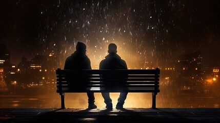Two males sitting on bench amidst the lighting. silhouette concept