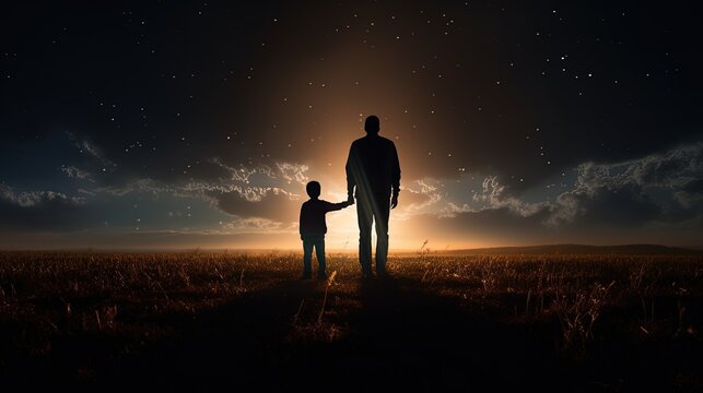Father and son in a mysterious field illuminated by a light. silhouette concept