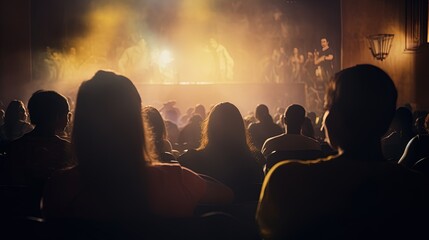 Audience in the theater watching concert out of focus. silhouette concept