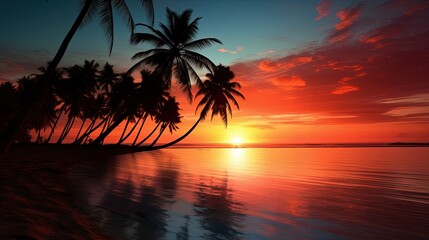 Fototapeta na wymiar Palm trees silhouetted against a sunset on a tropical beach