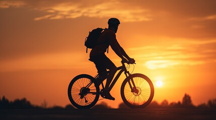 Obraz na płótnie Canvas Man silhouette riding bicycles outdoors at sunset