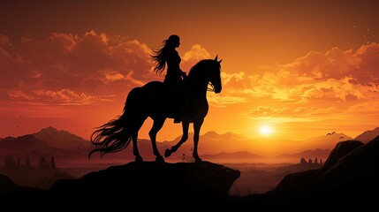 Fototapeta premium Young girl on horseback gazes into sunrise. silhouette concept