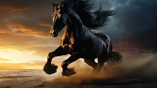 Black horse on the run. silhouette concept