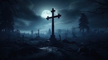 Naklejka premium Moonlit cemetery with a cross. silhouette concept