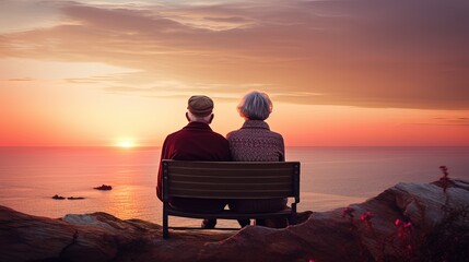 Fototapeta na wymiar Elderly couple enjoying sunset by the sea. silhouette concept