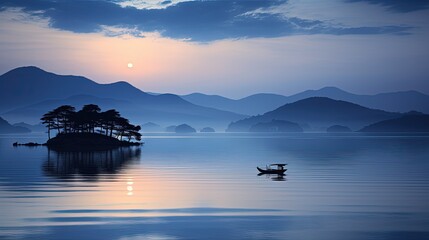 Beautiful morning seascape of the Seto Inland Sea in Japan. silhouette concept