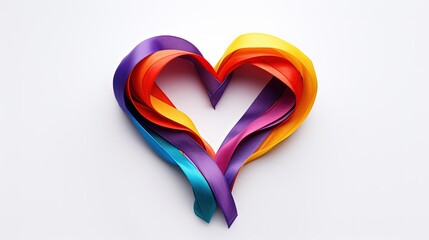 A heart shaped LGBT rainbow ribbon rests on a white backdrop representing same sex love and pride. silhouette concept