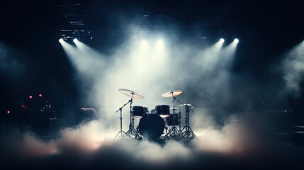 Live drum on stage with spotlights illuminating smoke music and concert background. silhouette concept - obrazy, fototapety, plakaty