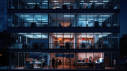 Late night overtime in a contemporary office building with workers and lights. silhouette concept - Powered by Adobe