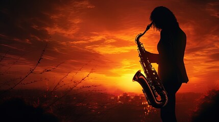 Evening saxophone performance. silhouette concept